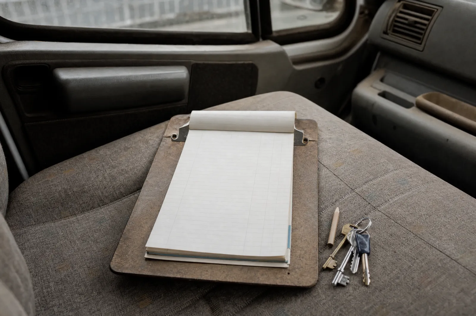 A clipboard holding a blank carbonless quotation pad on the passenger seat of a work van
