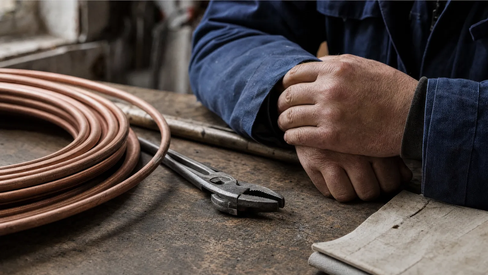 A tradesperson's hands resting on a workbench beside copper pipe and pump pliers