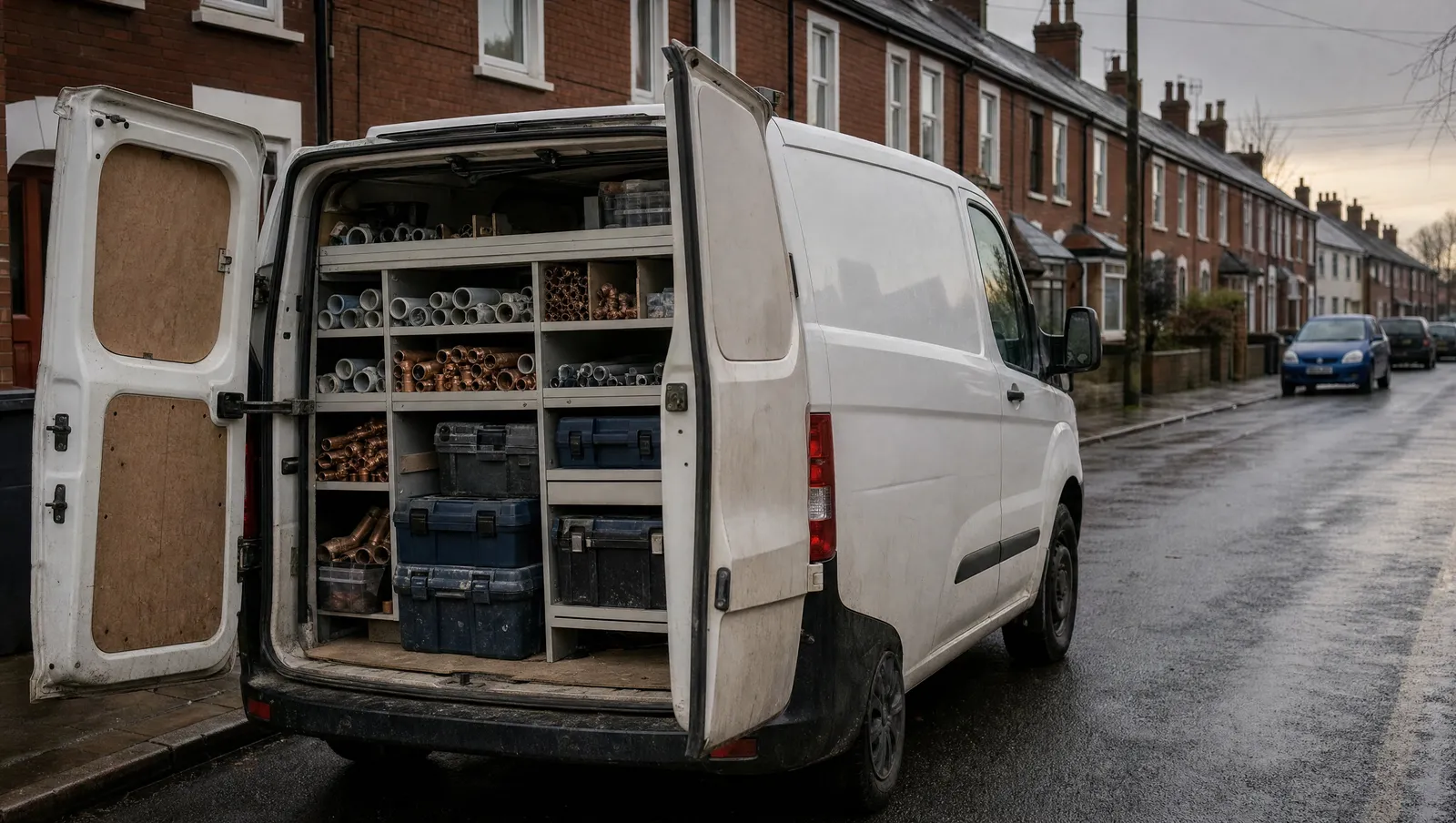 A work van parked on a British terraced street, rear doors open on neatly racked copper pipe and tool cases